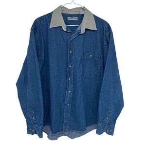 Vintage Denim Long Sleeve Button Down Shirt w/ Canvas Collar Large River Trader
